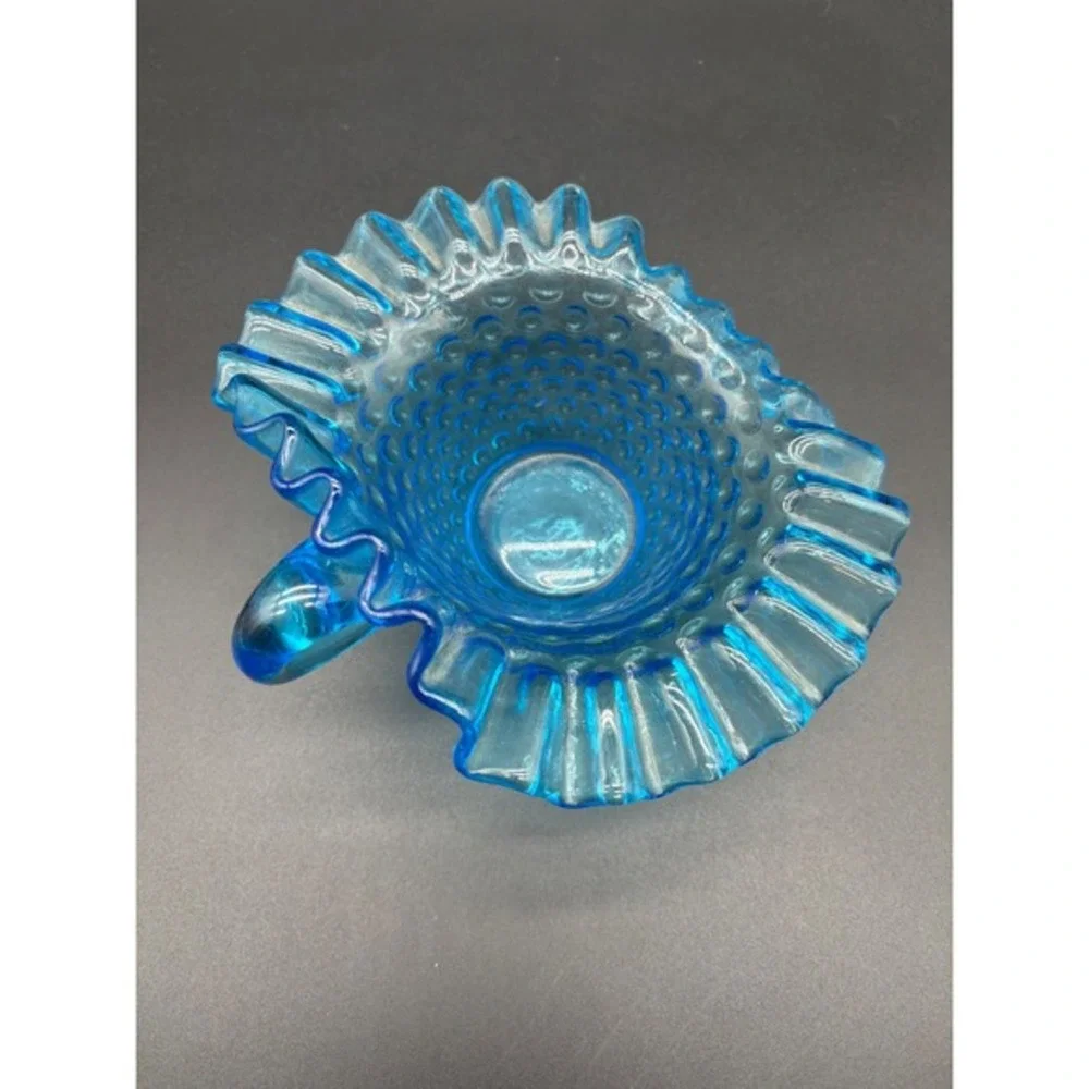 Blue Hobnail‎ Glass Ruffled Creamer Pitcher Dish Vintage